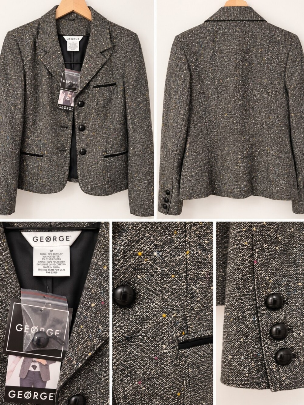 George Gray Size 12 Tweed Blazer Multicolor Fleck Black Trim NWT Vintage Style